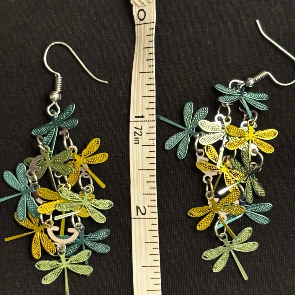 Dragonfly Dangle Earrings in Green and Yellow